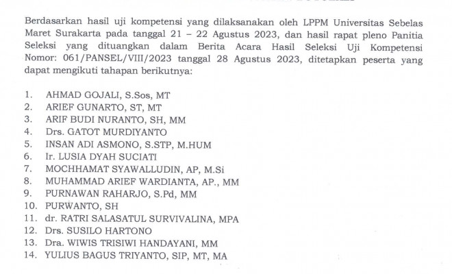 Pengumuman Seleksi Uji Kompetensi JPT Pratama Sekretaris Daerah Kab. Boyolali Tahun 2023